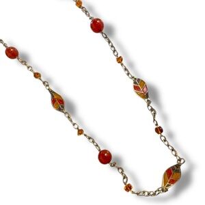 Vintage Silvertone Amber Fall Leaf Chunky Chain Long necklace